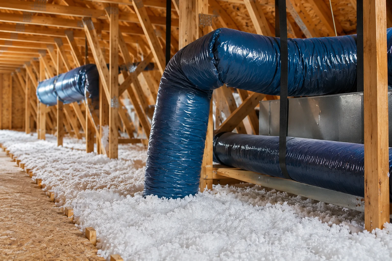 Blue flexible ducts hang above loose-fill insulation spread across an attic floor.