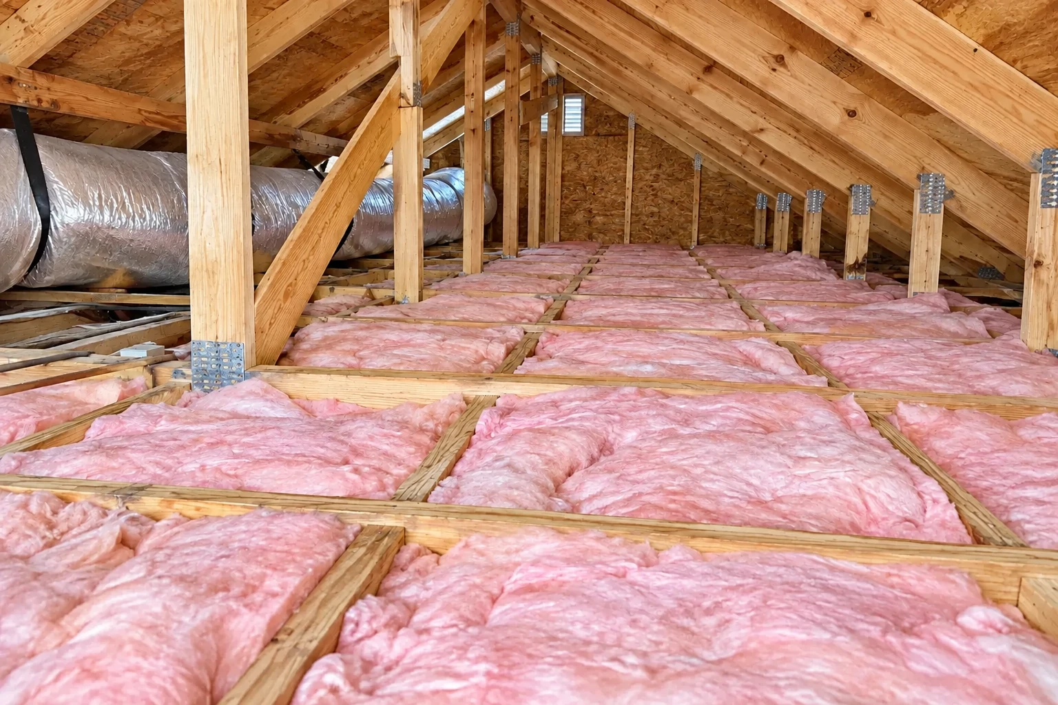 Pink batt insulation fills attic floor joist cavities beneath exposed wooden rafters, with a large silver air duct running along the side.