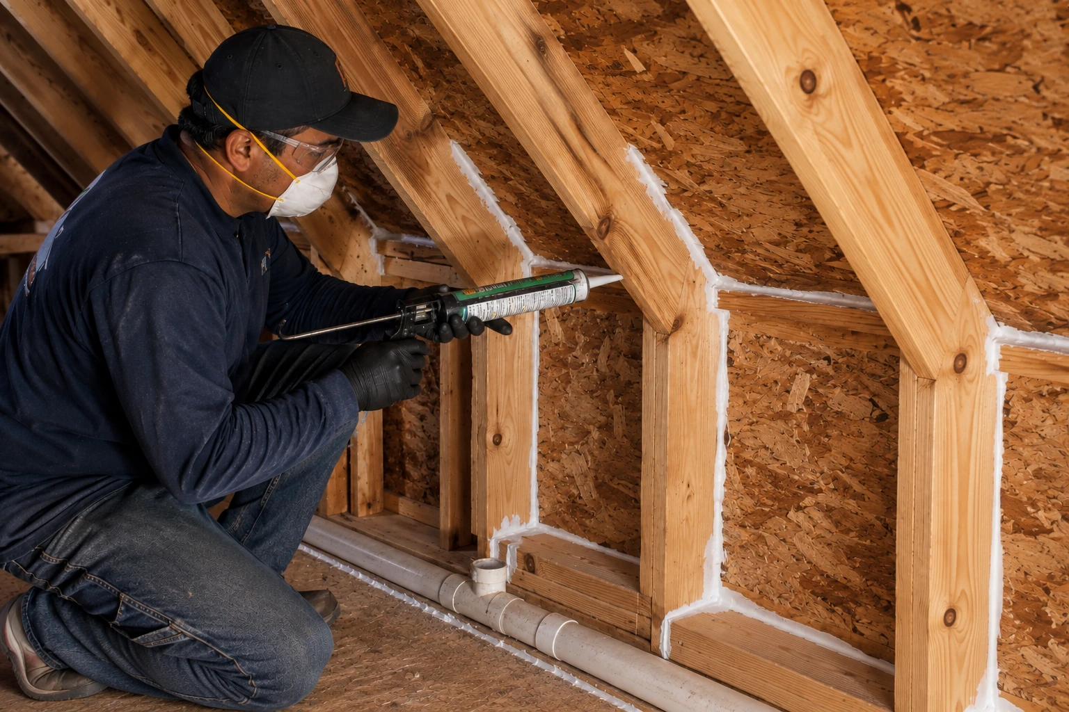 A worker applies sealant along wooden attic framing with a caulking gun.
