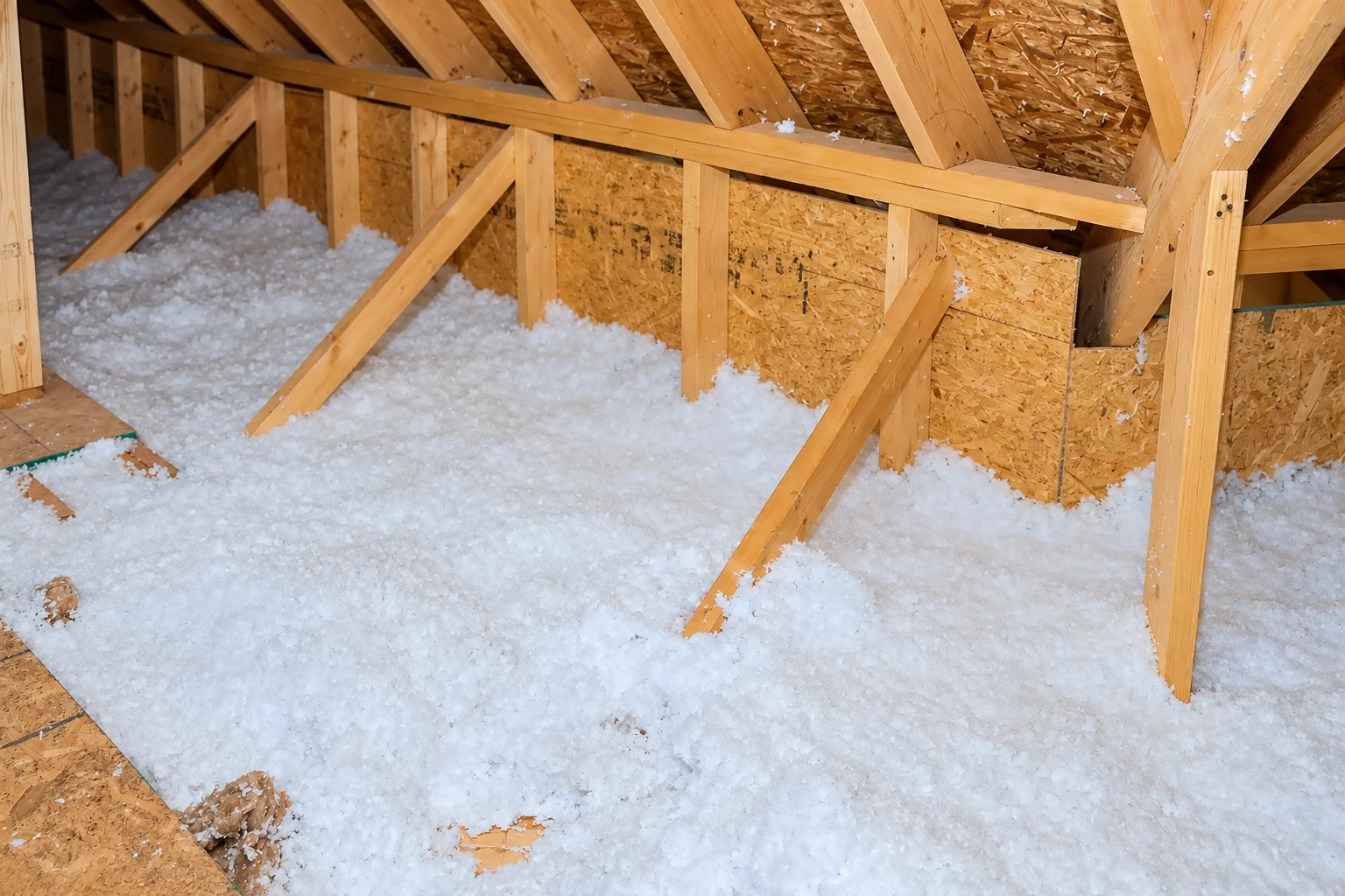 White loose-fill insulation blankets an attic floor beneath exposed wooden roof trusses.