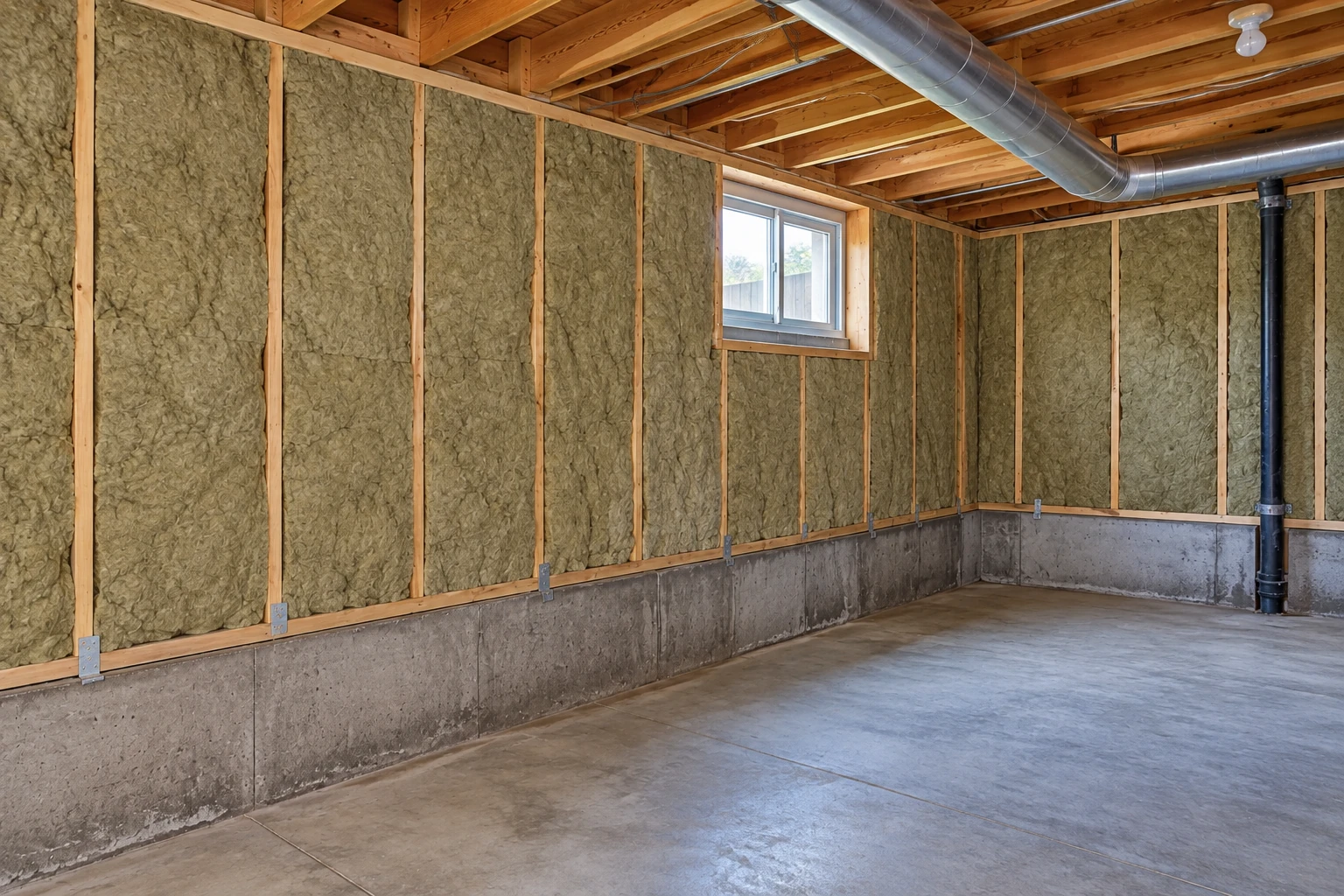 Basement walls are lined with insulation between wooden studs above an exposed concrete foundation.