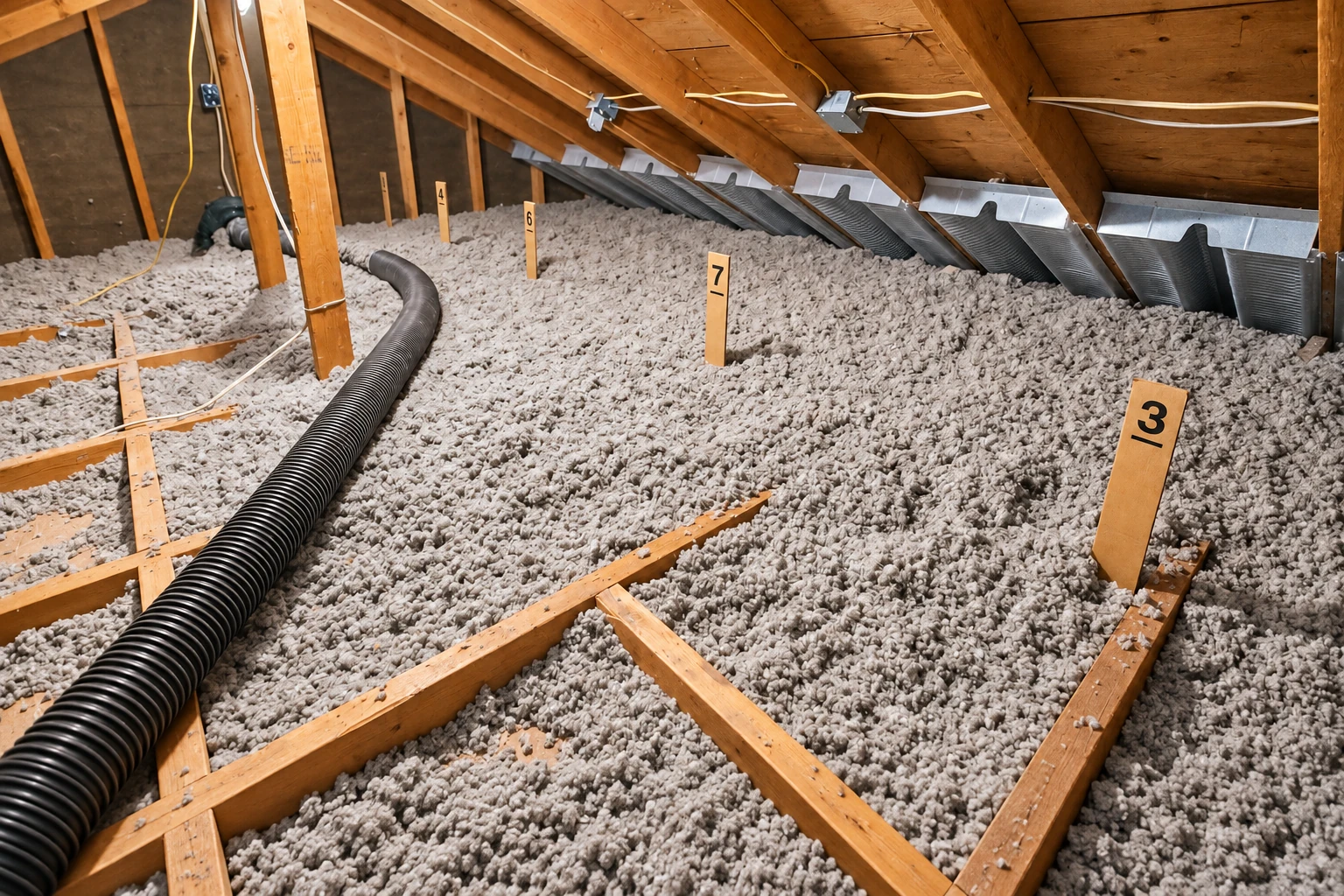 Loose blown-in insulation covers an attic floor around wooden framing and a black flexible hose.