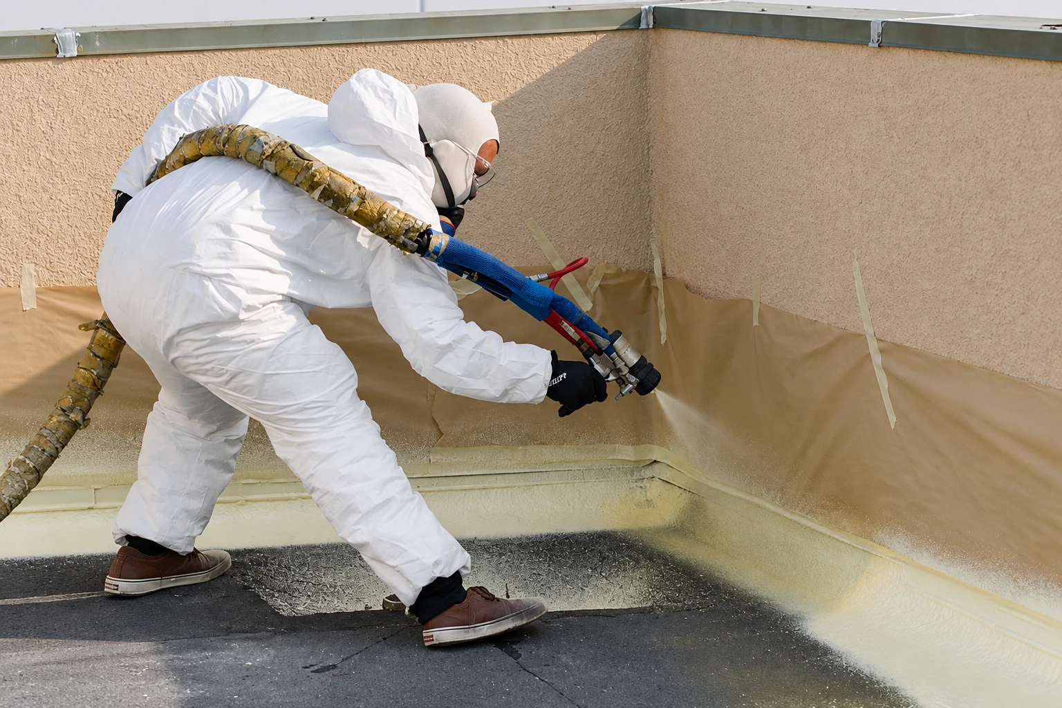 Worker in protective coveralls sprays foam insulation onto the walls and floor of a framed enclosure.