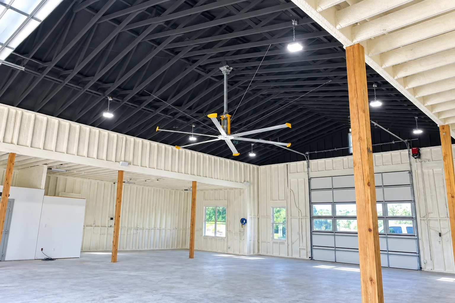 Commercial insulation in a spacious warehouse with white-coated walls and roof sections beneath a dark exposed steel truss ceiling.