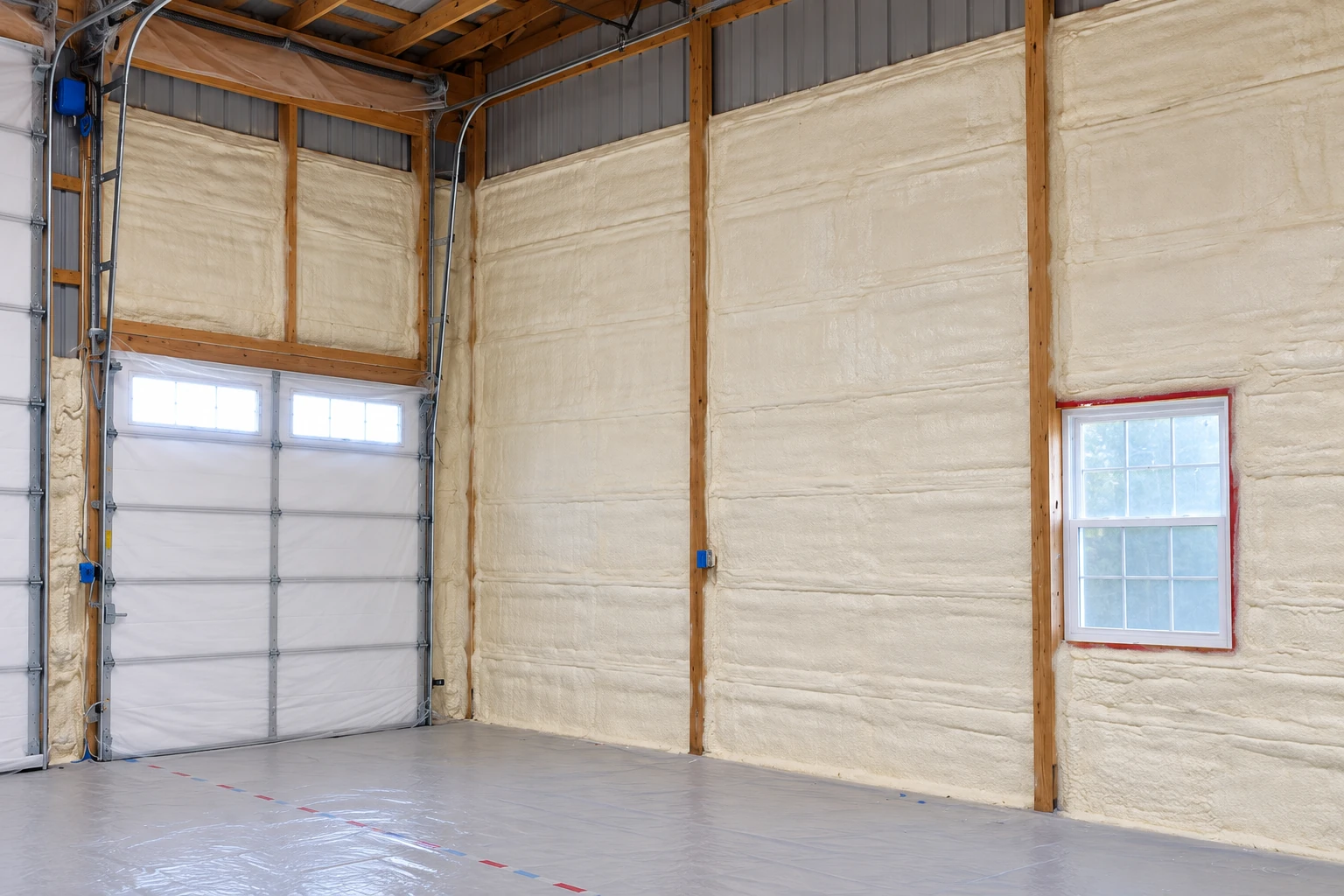 Commercial spray foam insulation covers the walls of a large garage, with exposed wood framing, a garage door, and a window.