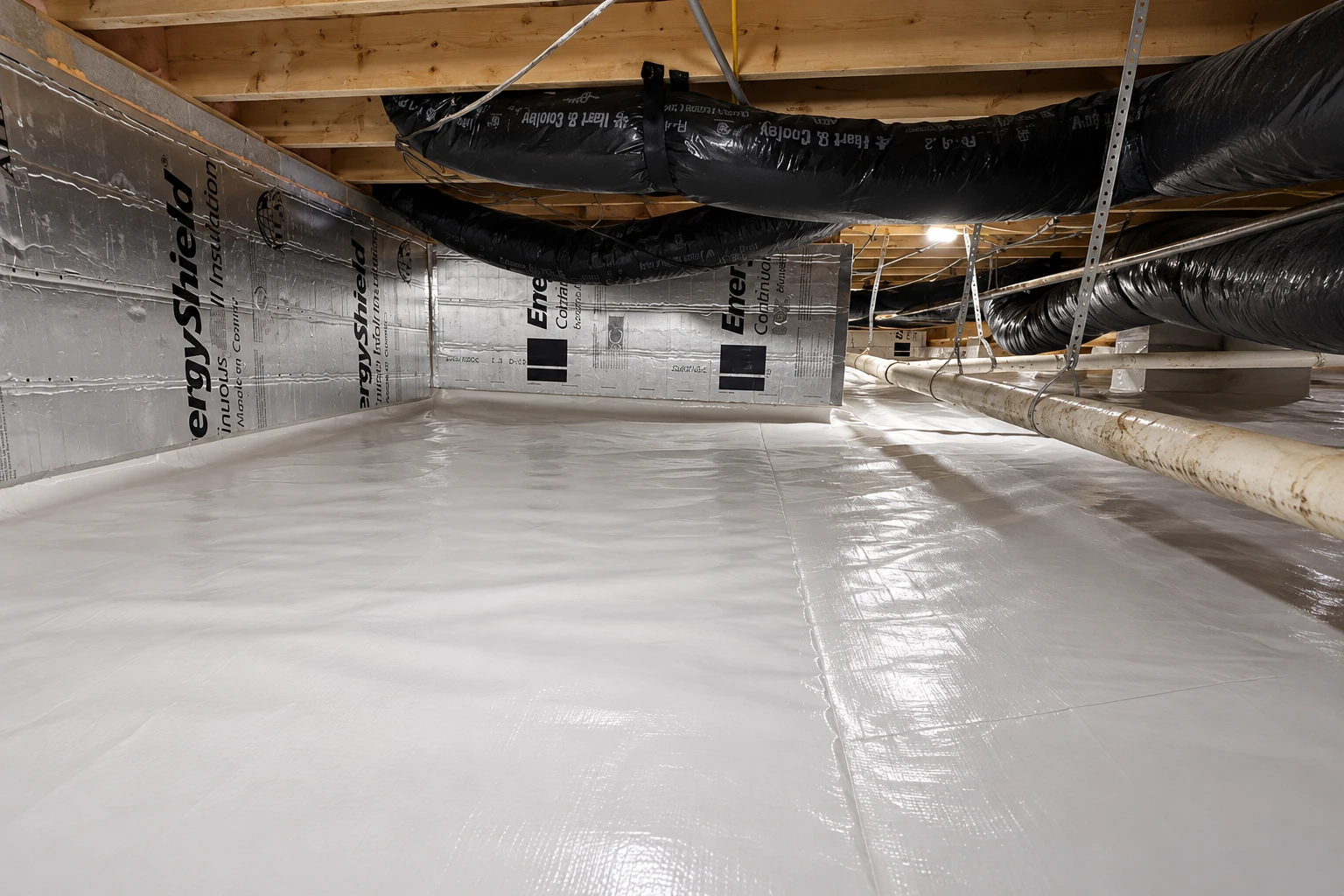 Crawl space with a white vapor barrier covering the floor, reflective insulation on the walls, and black ductwork overhead.