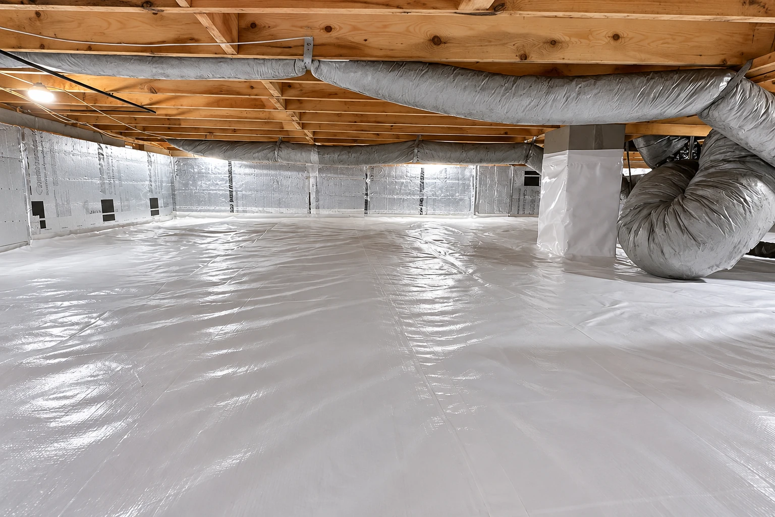 A crawl space has a white vapor barrier covering the floor and walls, with insulated ducts running beneath exposed wooden joists.