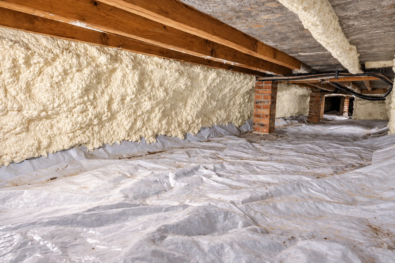 A crawl space has a white vapor barrier covering the floor and thick spray foam insulation coating the foundation walls.
