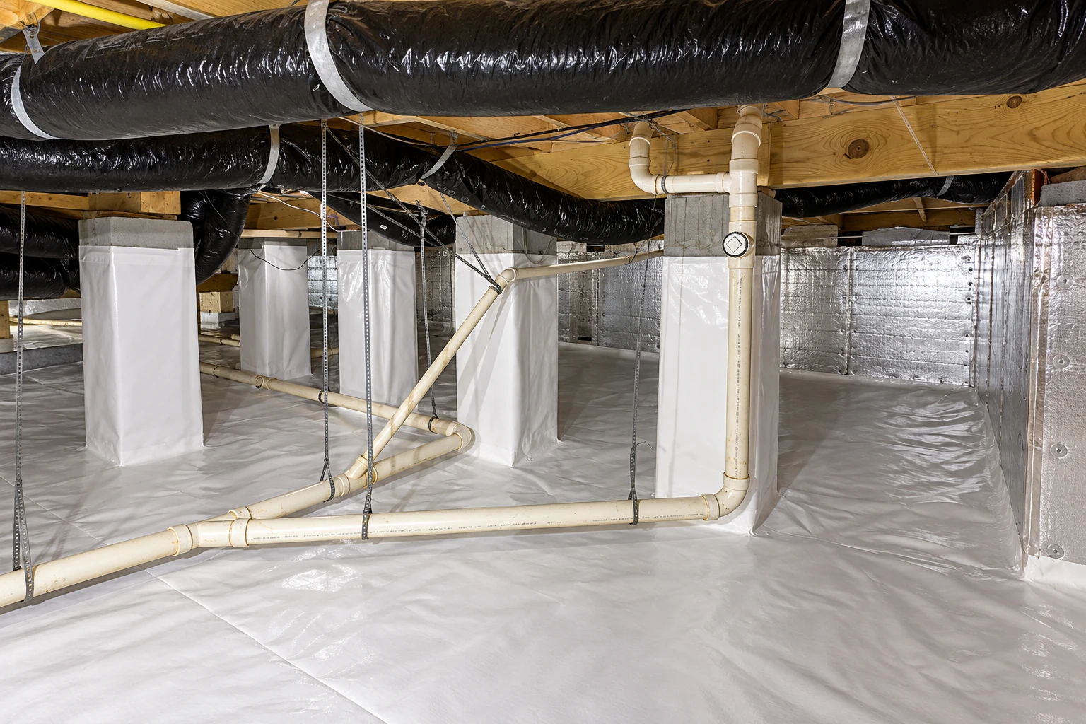 A crawl space has a white floor vapor barrier, reflective wall lining, pipes, and black ventilation ducts.