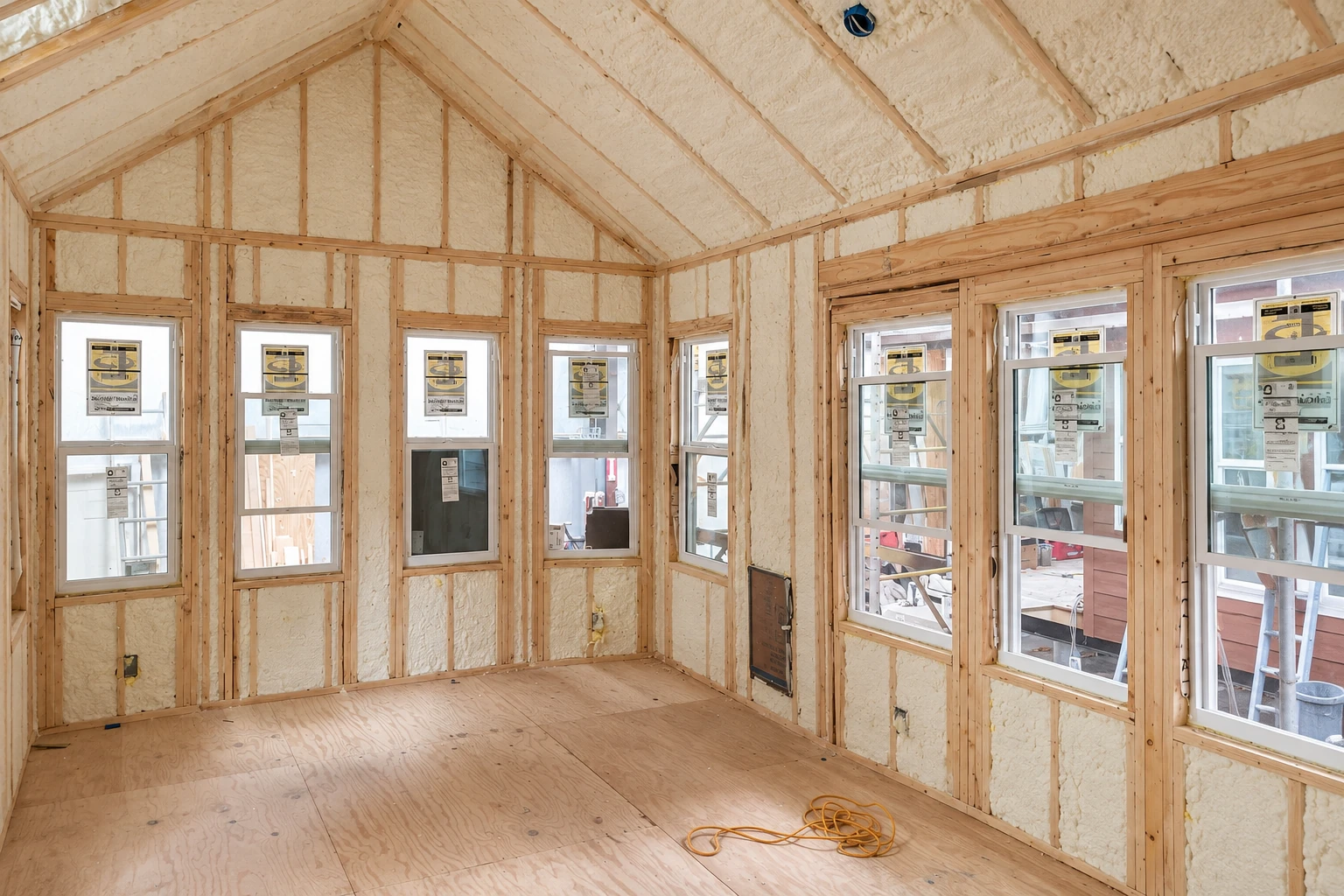 An unfinished room has exposed framing and windows, with cream-colored spray foam covering the walls and sloped ceiling.