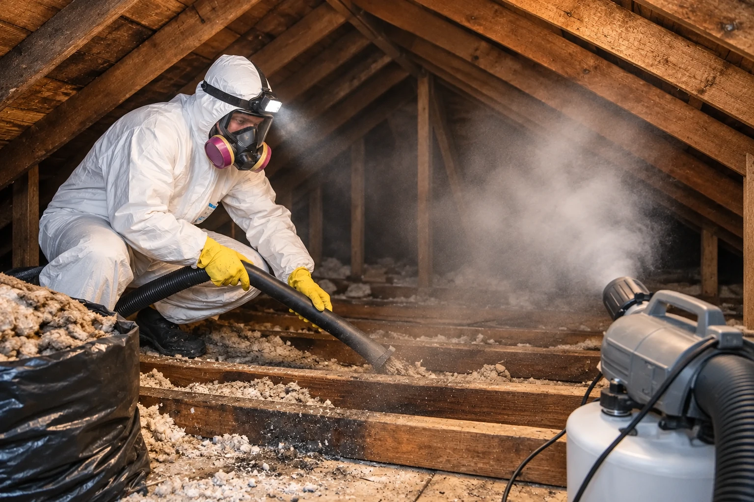 A worker in protective gear vacuums old insulation from an attic using a hose and collection equipment.