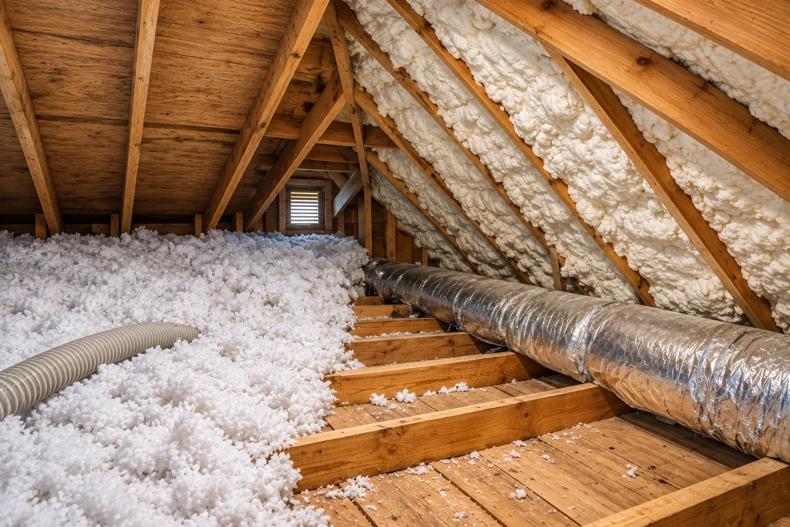Attic insulation with loose white material covering the floor and roof slopes between exposed wooden rafters, beside a large duct.