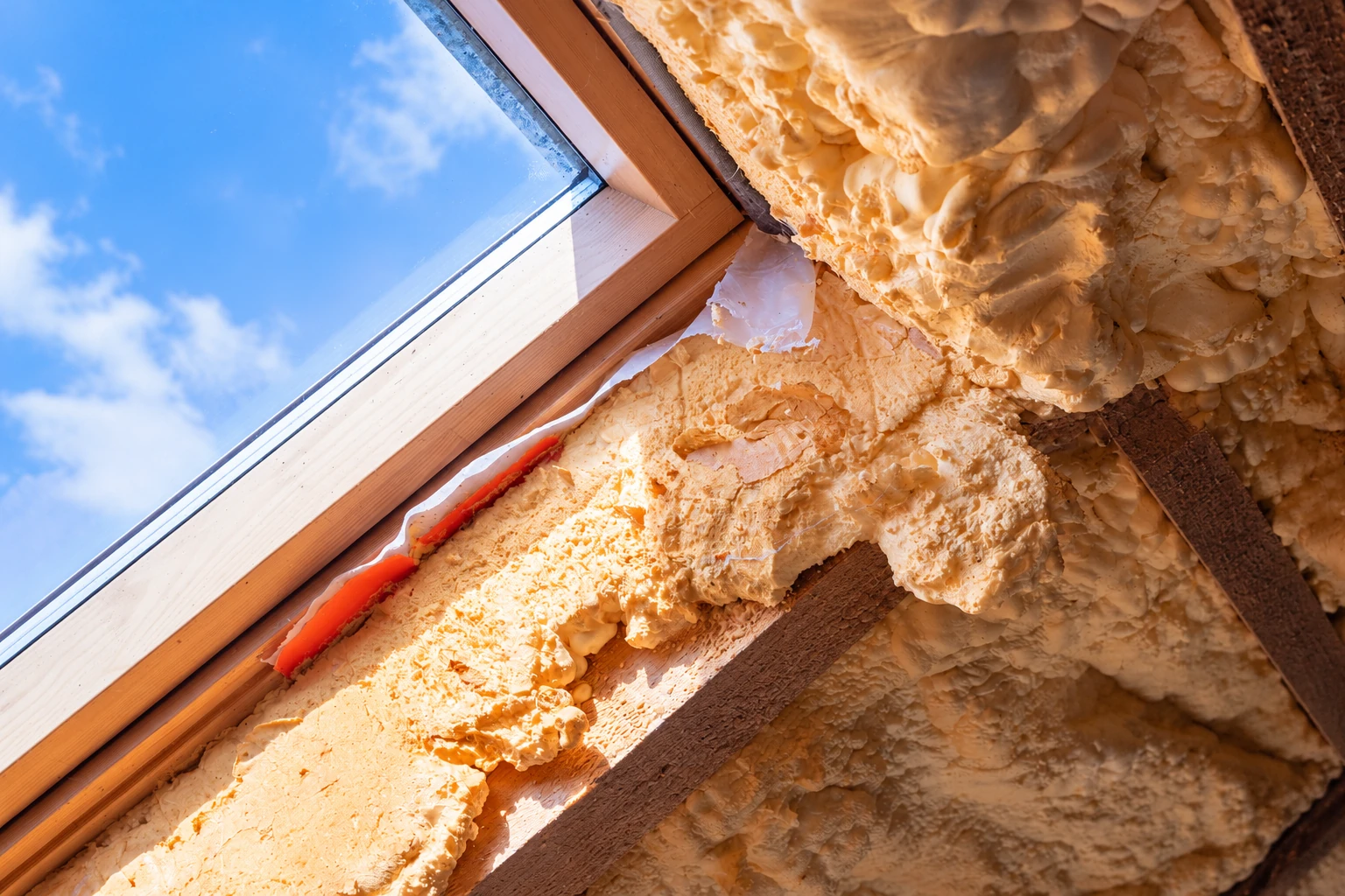 Open-cell spray foam fills the rafters around a skylight, with blue sky visible through the glass.
