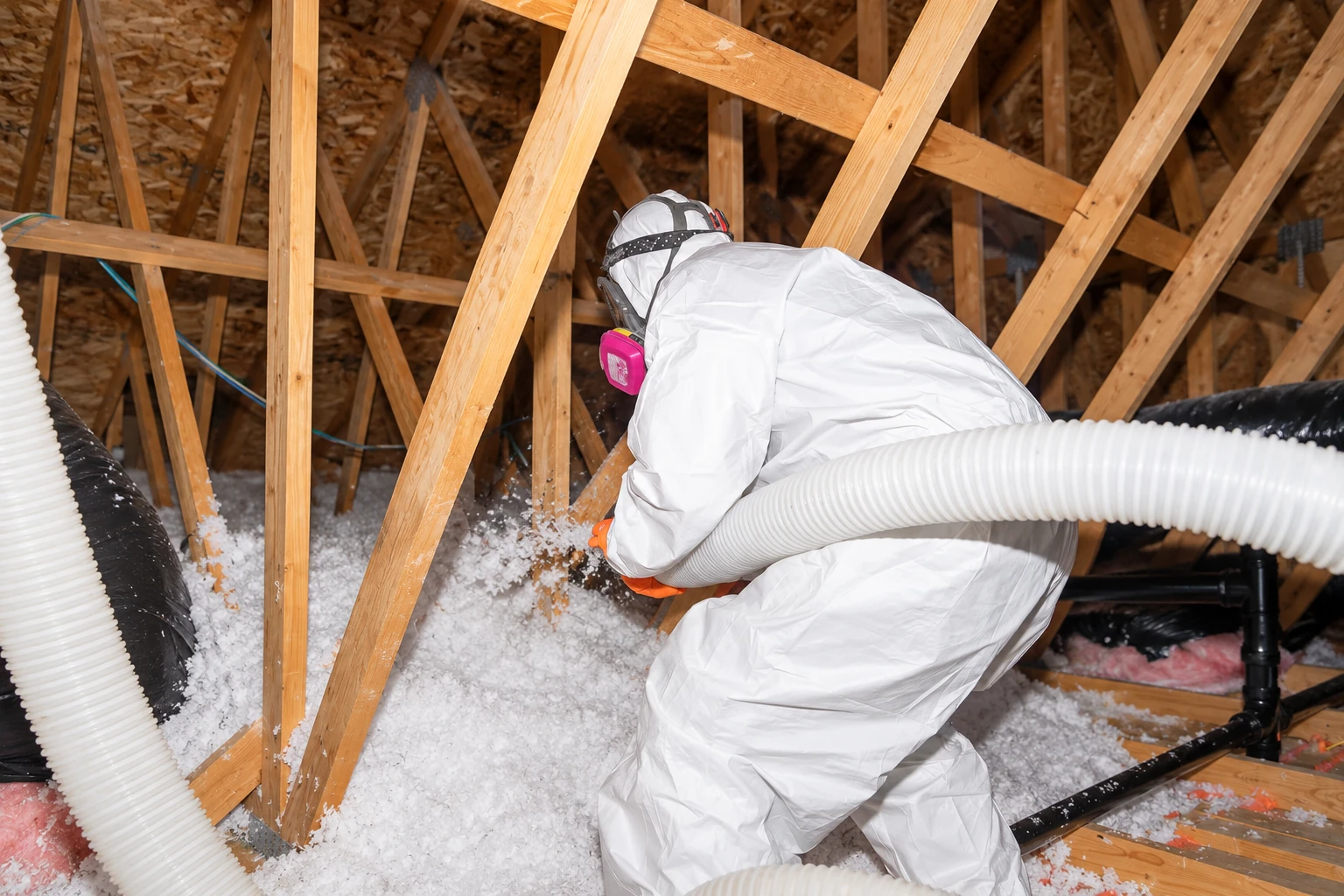 A worker in protective coveralls and respirator blows loose white insulation into an unfinished attic with a flexible hose.