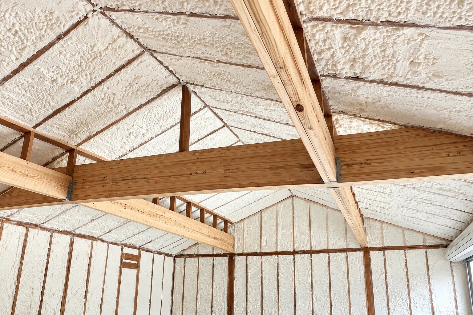Spray foam insulation covers the roof underside and walls of a timber-framed building.