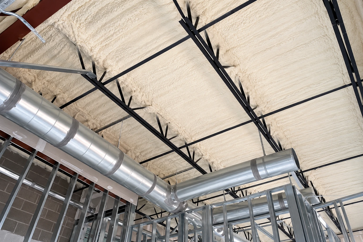 Spray foam insulation coats a commercial building’s ceiling around black steel trusses and large silver ventilation ducts.