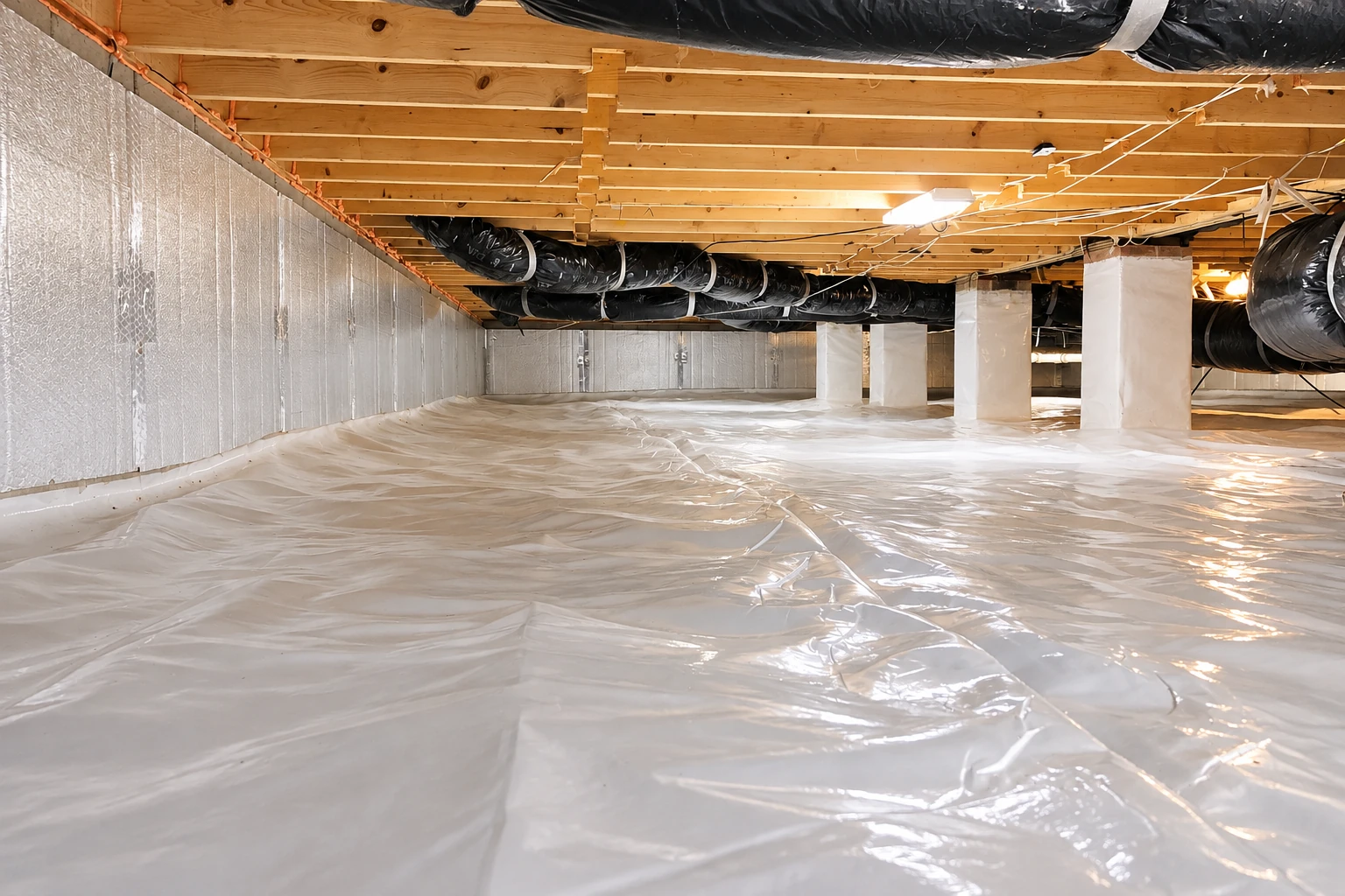 White plastic vapor barrier covers a crawl space floor and lower walls beneath wooden joists, black ducts, and wrapped support columns.