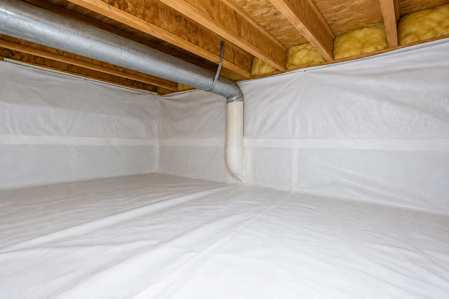 A crawl space is lined with a white vapor barrier across the floor and walls, with a metal duct running beneath the joists.
