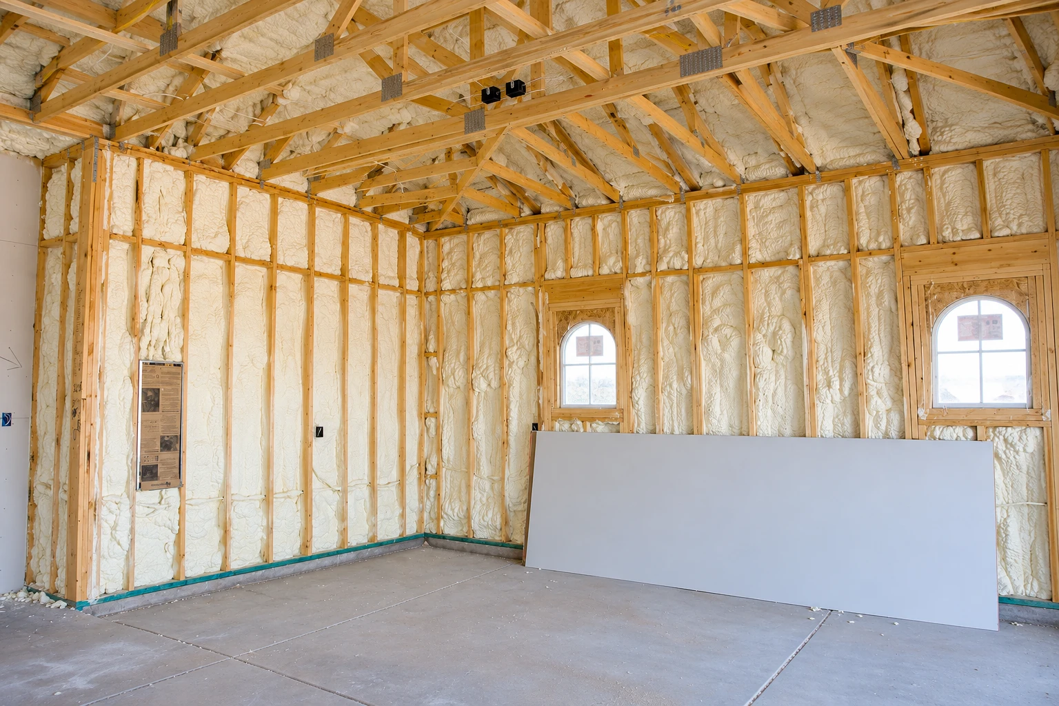 Unfinished room with pale spray foam filling the wall and roof framing around two arched windows.